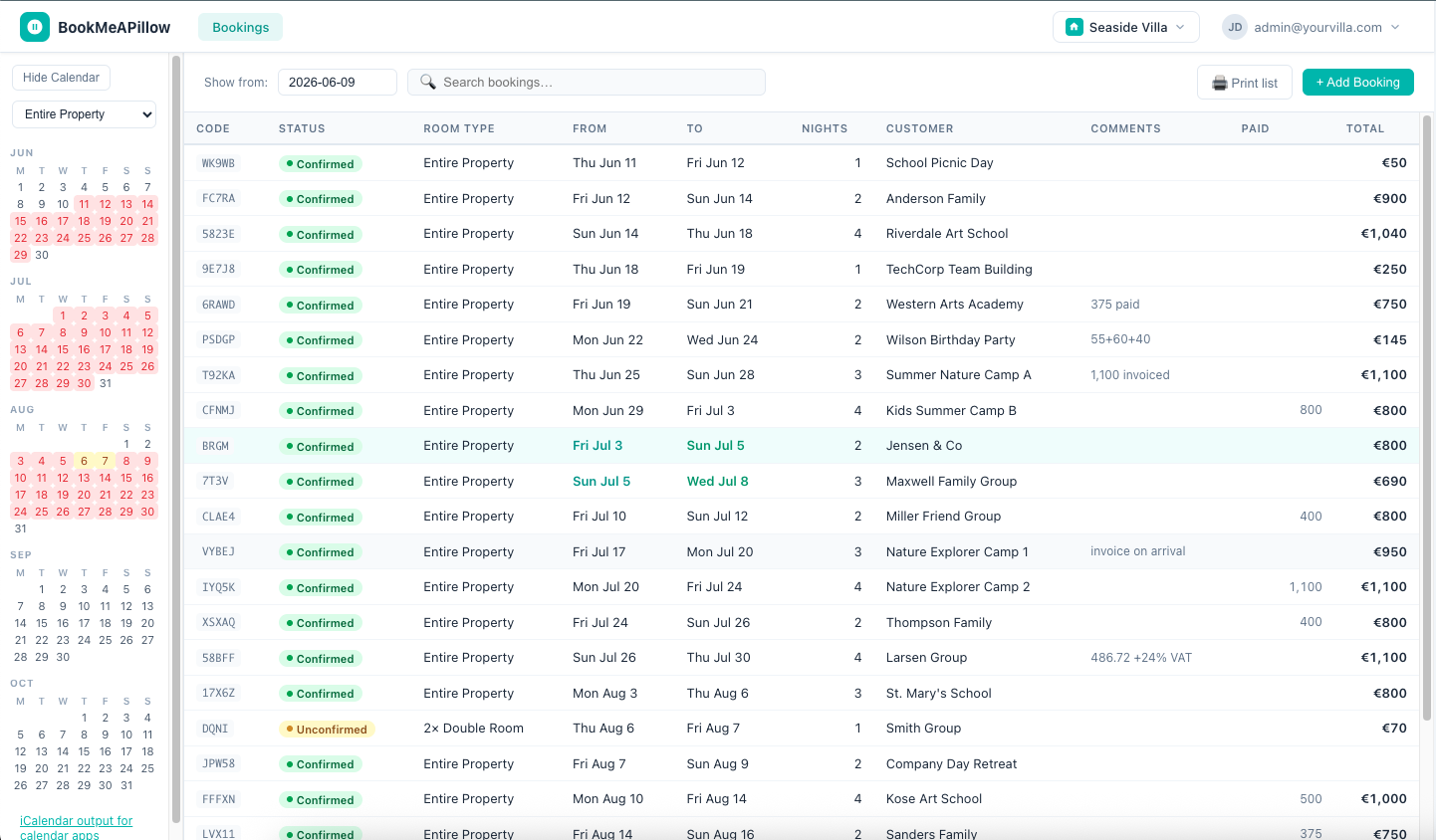 Booking management dashboard showing a live list of reservations